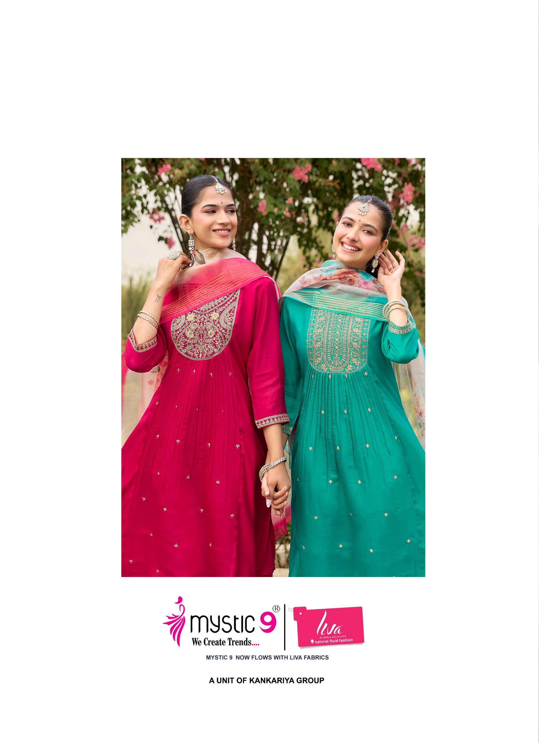 MYSTIC 9 MADHU VOL 1 CHANDERI DYED FLARED CUT CATALOGUE RUND KURTI PANT SUIT TEENAGE BUY